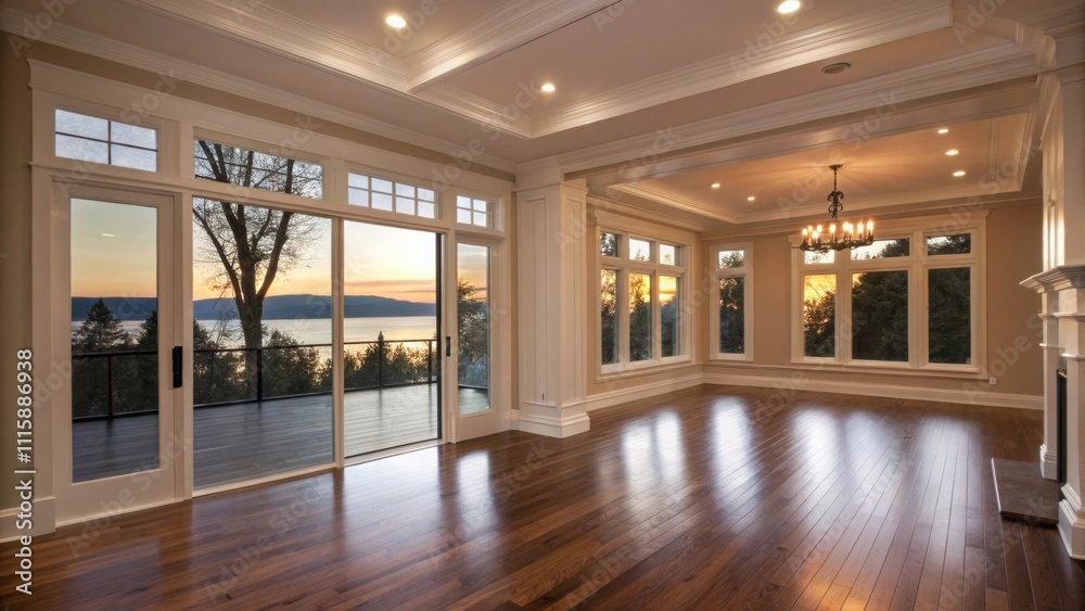 Poster a bright inviting room displaying the beauty of polished wood floors framed by smooth walls and acce