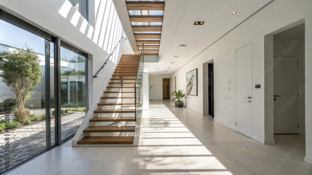 Poster A bright hallway illuminated by natural light where a striking floating staircase serves as the centerpiece with its treads casting shadows on the white walls.