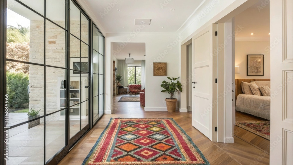 Poster A bright hallway with a fullheight glass screen creating a seamless transition between the entryway and the living room accentuated by a colorful area rug.
