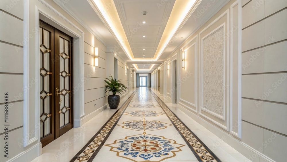 Poster a bright hallway with underlayment perfectly aligned along its length the straight edges creating a 