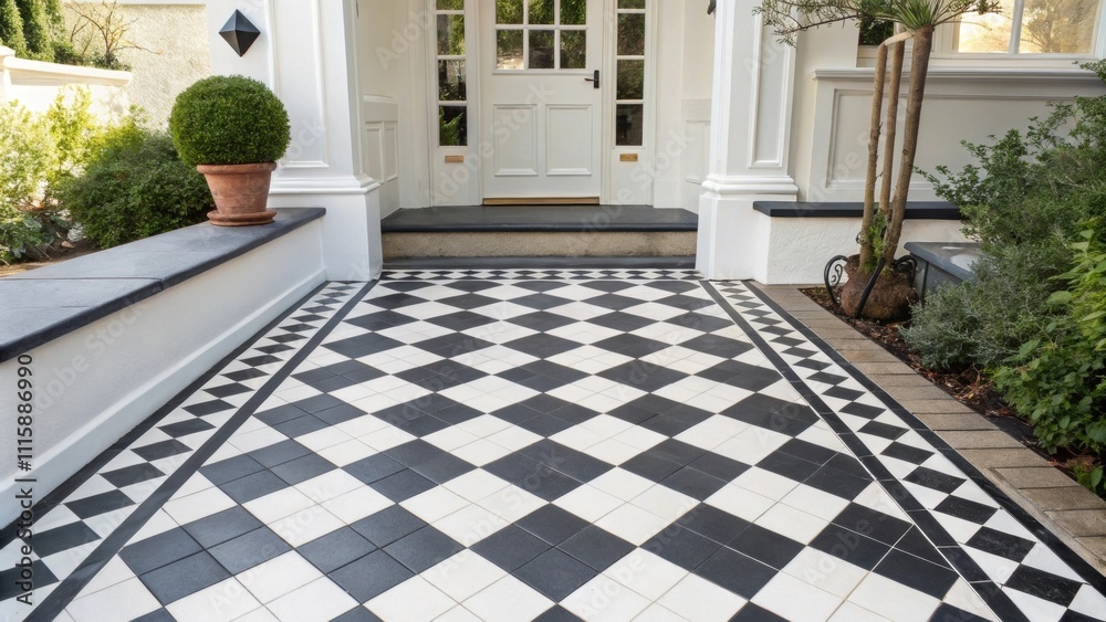 Aufkleber A bright entry space with a checkerboard layout of black and white tiles. The freshly sealed grout enhances the bold pattern creating a striking visual impact.