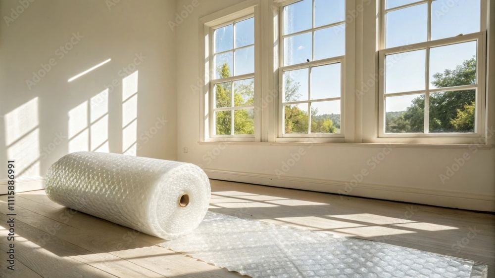 Poster A bright empty room with a roll of bubble wrap under a window reflecting the sunlight and emphasizing the untouched nature of the space.