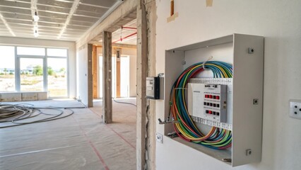 A brightly lit unfinished space showcases a modern electrical panel fixed to a plasterboard wall with colorful wires snaking around it hinting at potential future usage as
