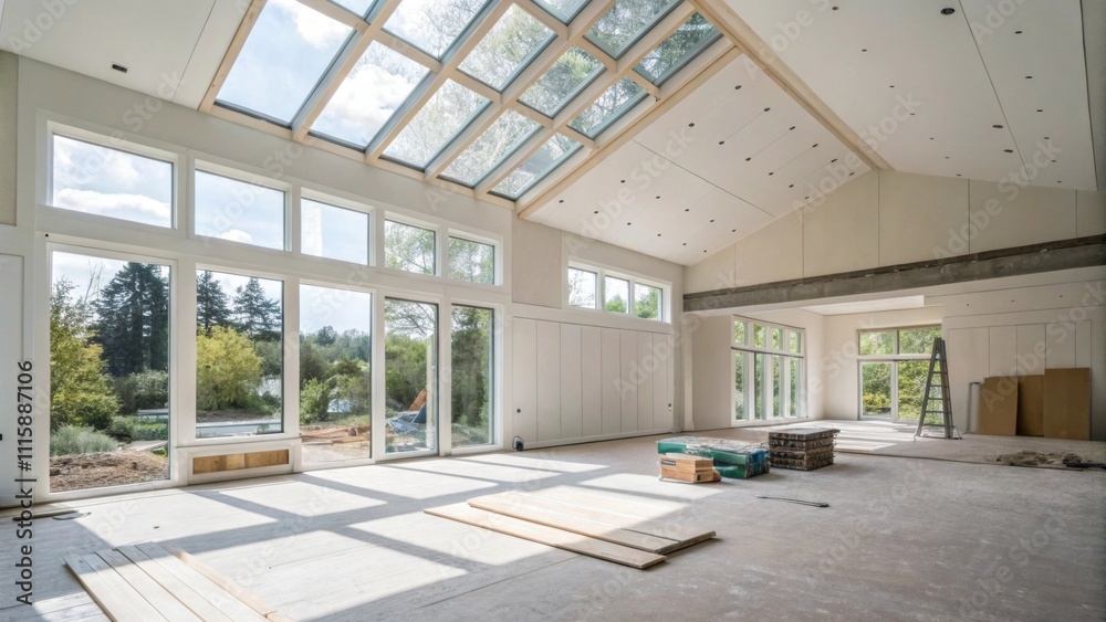 Aufkleber A bright airy space with a high ceiling where drywall sheets are arranged in a corner surrounded by other renovation materials tered on the floor.