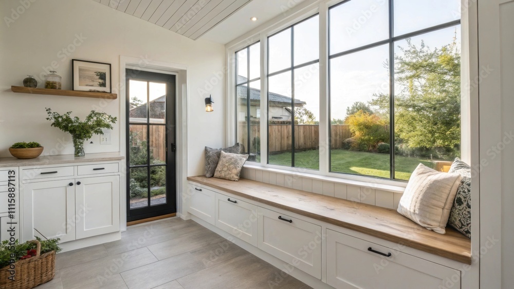Fototapete A bright and airy corner nook with a large window highlighting the clean lines of the weatherproofing that offers both function and minimalistic style.