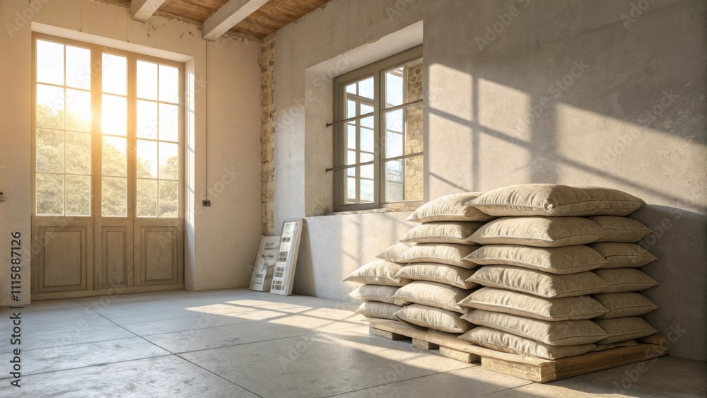 Aufkleber A bright airy space where a collection of cement bags sits against a wall illuminated by natural light streaming through an open window adding warmth to the scene.