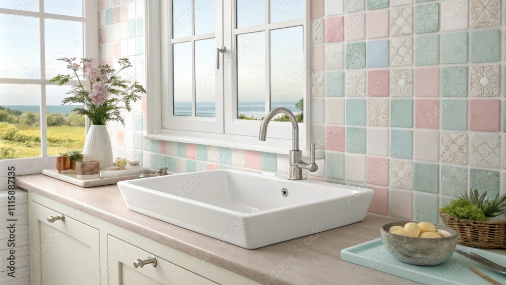 Poster a bright airy space displays a rectangular sink with a delicate brushed nickel faucet beside it both