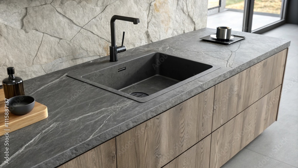 Aufkleber A bold slategray countertop with a rugged texture showcasing dimensionality waiting for the final touch of a minimalistic black sink to complete the aesthetic.