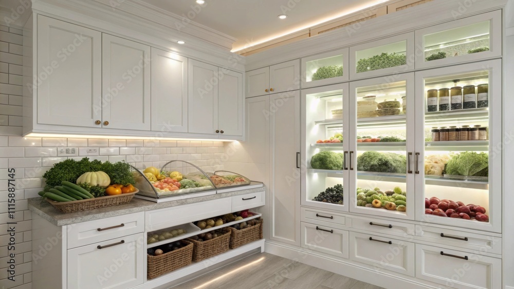 Poster a bright airy corner dominated by white shaker cabinets where undercabinet lighting is partially ins