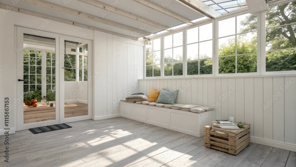 Poster a bright airy corner featuring a canvas of white walls and a soft wood floor with a small pile of co