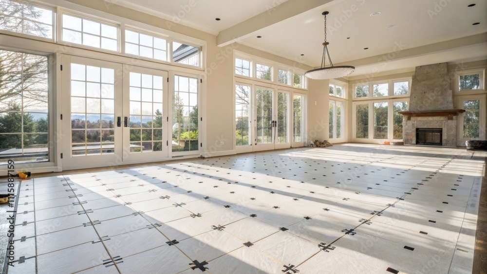 Poster a bright airy living room with large scale tile spacers spread evenly across the floor with sunlight