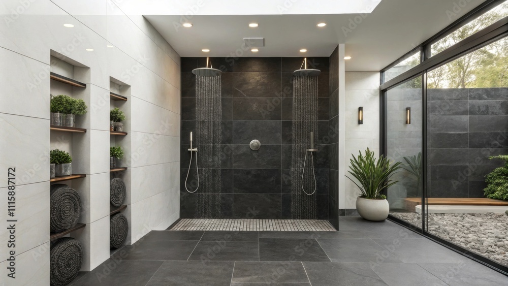 Aufkleber A bold shower with large dark tiles creating a striking contrast against the white walls featuring a trio of tiny round drains that maintain the designs clean lines.