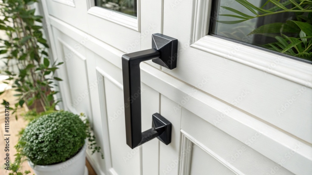 Poster A bold black door handle set with angular shapes is p on a bright white piece of furniture contrasted further by a splash of green from nearby plants.