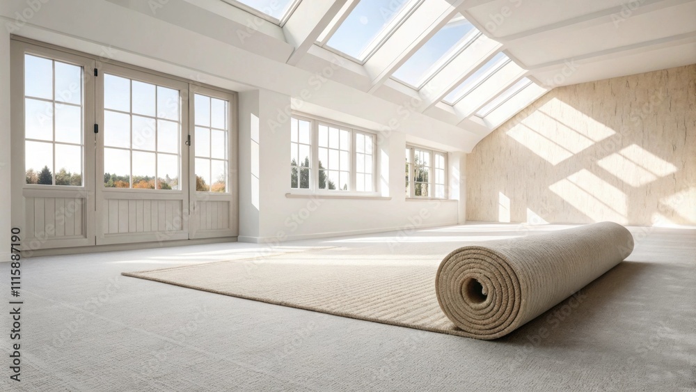 Aufkleber A bright airy room with a high ceiling where the roll of carpet padding is laid against the wall emphasizing the expanse of the empty space and inviting a sense of potential.