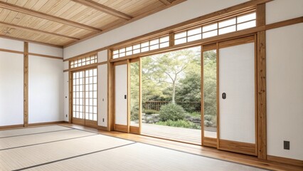 A bright airy space with a featureless white wall the finely crafted wooden framing suggesting a transitional style creating anticipation for the sliding doors to be added.