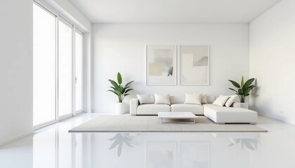 Fototapeta premium A spacious minimalist living room with white furniture, large windows, neutral tones, and decorative plants, creating a modern aesthetic. 