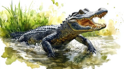 Obraz premium Illustration of a crocodile charging out of water with vivid colors, dynamic wildlife art, predator in motion, reptile illustration, fierce animal watercolor artwork