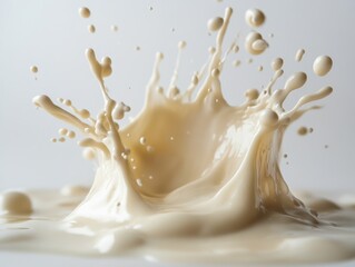 Milk splash captured in mid-motion, creamy liquid texture on soft background, dynamic motion concept, dairy product, food and drink detail, fresh and organic milk