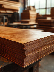 Fototapeta premium Stack of plywood sheets in a workshop setting
