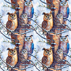 Majestic Owls Peacefully Resting on an ancient-looking brick wall Against Winter Twilight Sky