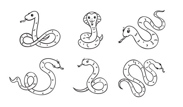 Hand drawn cute outline simple snake children coloring book set. Kind doodle snake smile isolated on white background.