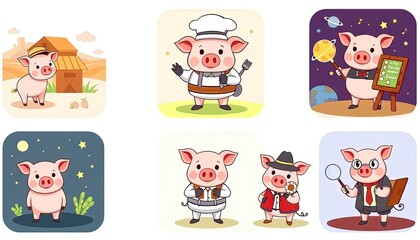 Fototapeta premium set of funny cartoon pik. A delightful collection of whimsical illustrated pigs, perfect for children's content and playful designs. 