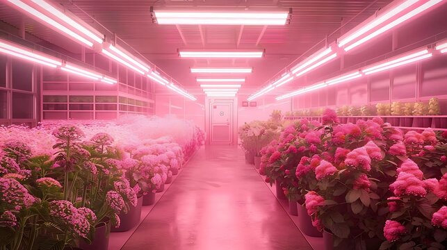 A long, brightly lit greenhouse filled with pink flowers. Rows of plants are visible.

