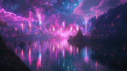 Fototapeta premium Fantasy Cityscape Fireworks Lake Night Mountains