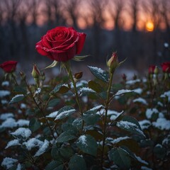 Obraz premium A red rose glowing in winter twilight.