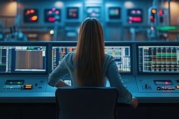 Woman at Control Panel in Modern Data Center