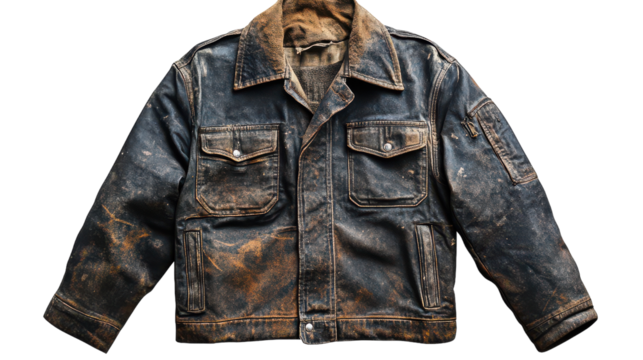 Worn leather jacket showcasing years of adventure and wear in a rustic setting during golden hour light