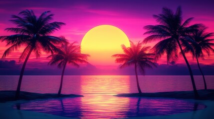 Obraz premium Retrofuturistic neon cityscape at sunset with palm trees