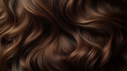 Naklejka premium Brown hair close-up as background. Long brown hair of women. Beautifully styled wavy shiny locks. Hair coloring. Hairdressing procedures, extensions, hair care and coloring.