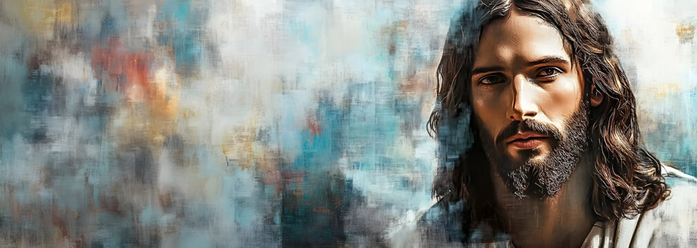 Portrait of Jesus Christ on abstract grunge background. Digital painting with copy space for text or image