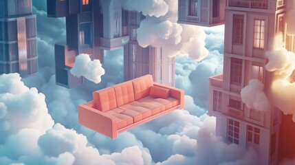 Orange Sofa Floats Amongst Dreamlike Cloud City Buildings