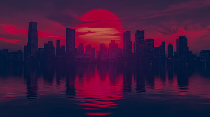 Fototapeta premium Urban skyline silhouette with a vibrant red sun setting on the horizon, reflected in calm water
