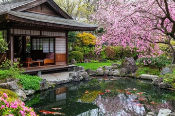 Fototapeta premium Exploring traditional japanese cuisine amidst a picturesque japanese garden serenity and cultural richness nature's beauty tranquil viewpoint vibrant seasons