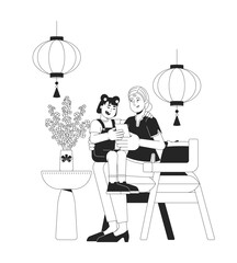 Grandmother giving red envelope to granddaughter linear illustration. Chinese New Year. Granny gifts lucky money packet grandchild 2D line characters isolated on white. Monochrome vector outline image