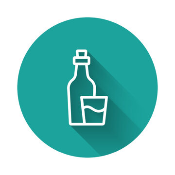recommend clip art: White line Soju bottle icon isolated with long shadow background. Korean rice vodka. Green circle button. Vector