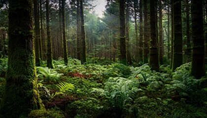 dark and lush undergrowth in a temperate forest with ferns and moss covering the forest floor