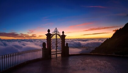 ethereal gates rise above clouds inviting serenity and contemplation during a magical twilight