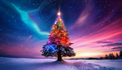 a vibrant christmas tree glows with colorful lights as it stands alone in a snowy landscape the cosmic sky swirls with colors creating a festive and enchanting atmosphere