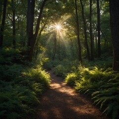 Obraz premium A shaded woodland path with patches of sunlight.