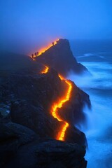 Fototapeta premium Dramatic Lava Flow at Dusk on a Remote Island Cliff