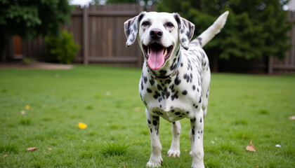 Happy dalmatian enjoying a sunny day in a lush grassy park surrounded by trees and a wooden fence