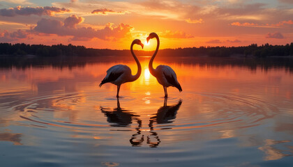 Fototapeta premium Elegant flamingos create a heart-shaped silhouette against a vibrant sunset by the tranquil lake