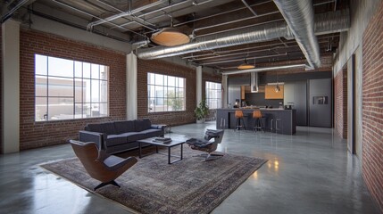 Spacious loft apartment with exposed brick walls, high ceilings, large windows, and modern furniture.