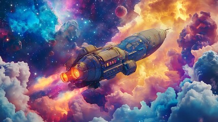 Obraz premium Luminous engines propel a huge spacecraft intended for intergalactic travel through deep space, amidst far-off stars and colorful nebulae.