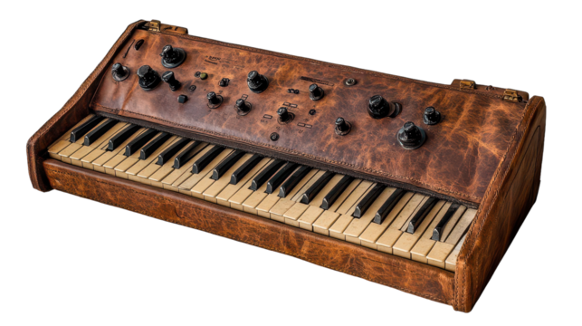 An artisanal synth keyboard crafted with a vintage leather finish, showcasing intricate knobs and classic keys, perfect for creative music-making sessions