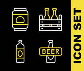Set line Pack of beer bottles, Beer, Plastic and can icon. Vector